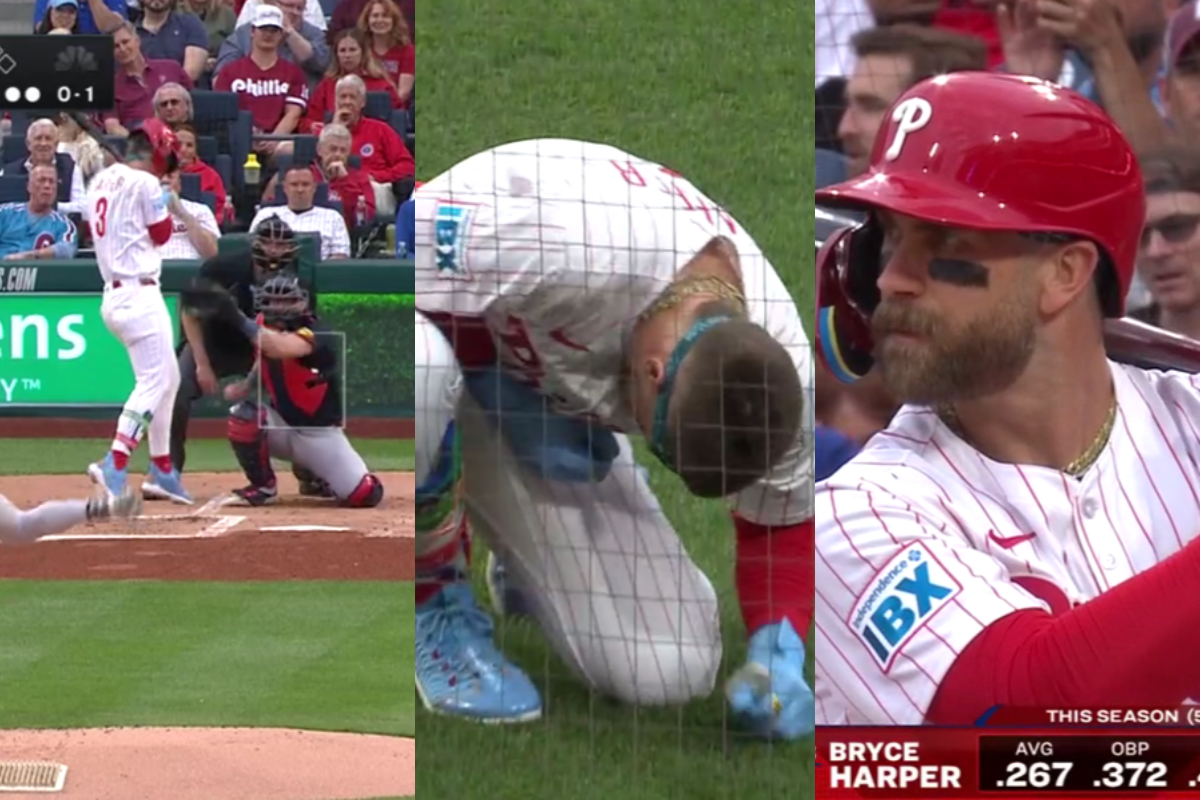 Bryce harper sale de juego tras brutal pelotazo de spencer strider