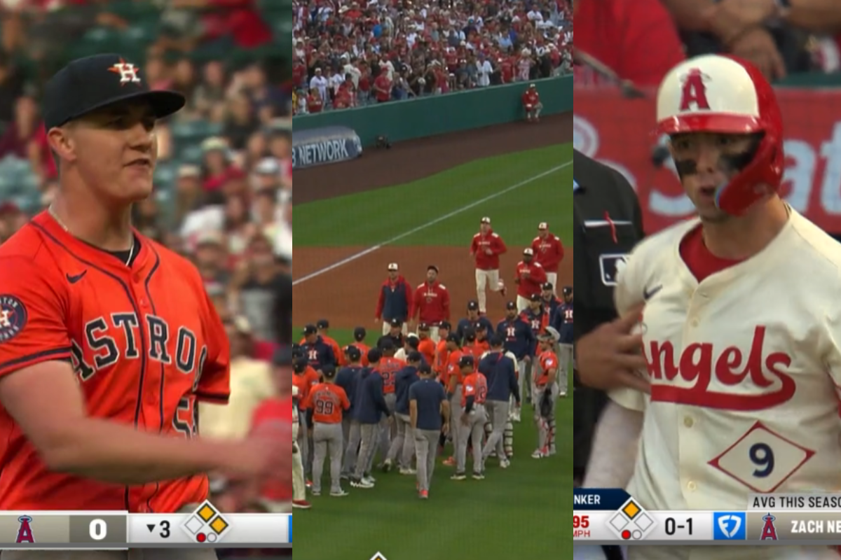 Se vacían las bancas entre astros y angels tras pelotazo a zach neto