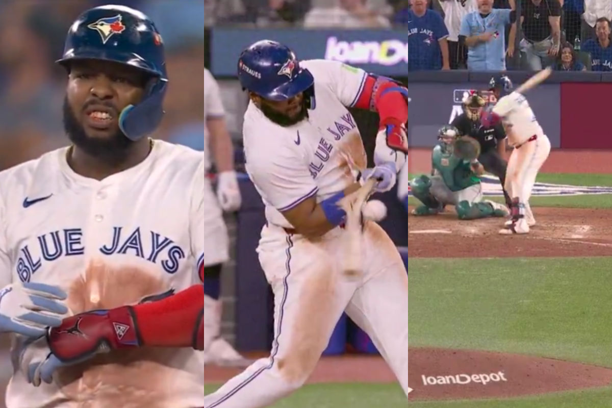 Vladimir guerrero jr. Golpea tres veces la bola con un solo swing